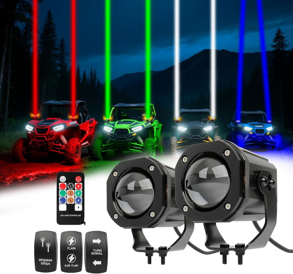 Laser Whip Light for UTV ATV Can am Polaris RZR SXS,2pcs Whipless LED Pods RGBW with Turn Signal Waterproof Chasing Light Kit with Switch & Remote Compatible with Golf Cart Jeep Truck