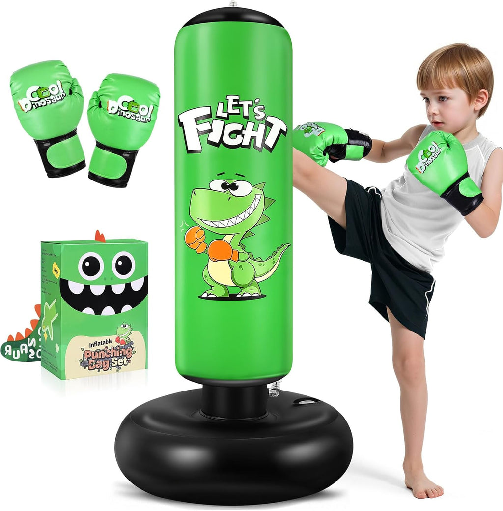 Inflatable Punching Bag, 48" Inflatable Boxing Bag for Kids with Boxing Gloves for 3-8 Kids, Stable Boxing Set for Practicing Karate, Taekwondo,Dinosaur Toy & Gifts for Boys (Green)