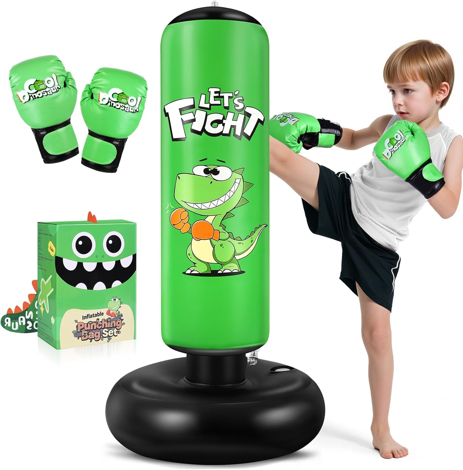 Inflatable Punching Bag, 48" Inflatable Boxing Bag for Kids with Boxing Gloves for 3-8 Kids, Stable Boxing Set for Practicing Karate, Taekwondo,Dinosaur Toy & Gifts for Boys (Green)