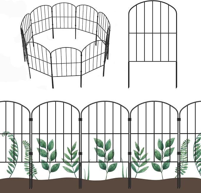 OUSHENG Cerca decorativa de jardín de 10 paneles, 10 pies de largo x 24 pulgadas de alto, borde de alambre de metal a prueba de óxido, barrera de animales para perro, borde de flores para patio,