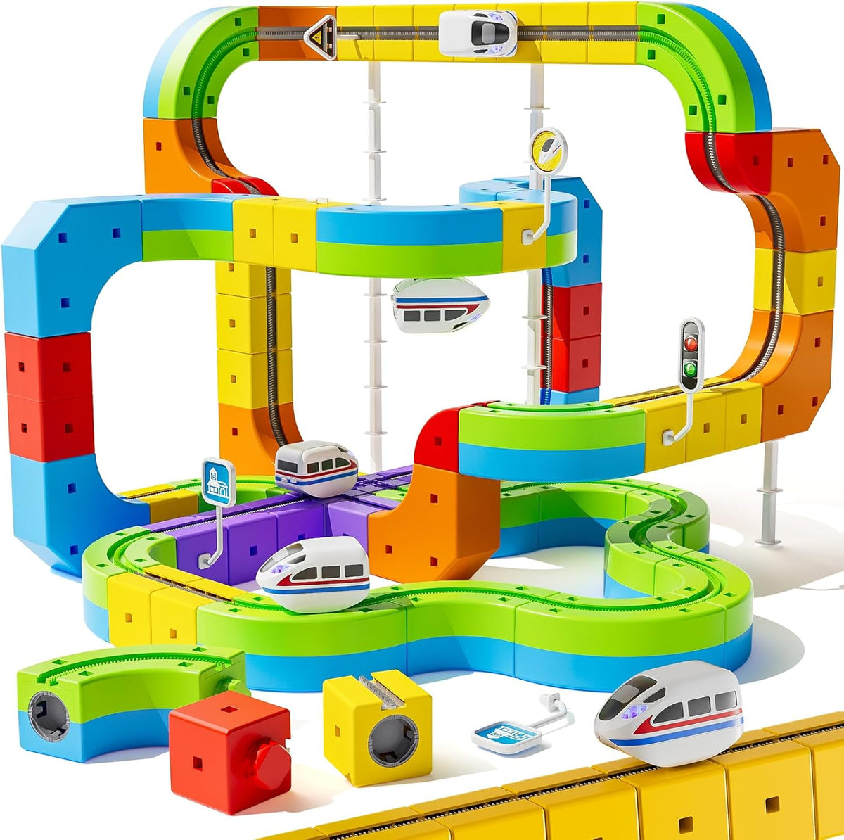 Set de Tren Eléctrico 3D con Pista Infinita | Vías Flexibles para Niños, Tren de Cubos DIY | Juguete STEM de Bloques con Trenes Motorizados Antigravedad | 88 Piezas para Niños 3-8+