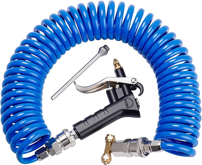 Kit Pistola de Soplado de Aire para Camión – Bobina de 29.5 ft y 2 Boquillas Intercambiables, Color Azul