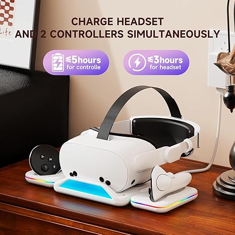 Base de carga RGB para Oculus Quest 3S/3, estación de carga plegable para auriculares y controladores Meta 3S VR, con 2 baterías recargables de 2100 mAh, compatible con indicador LED
