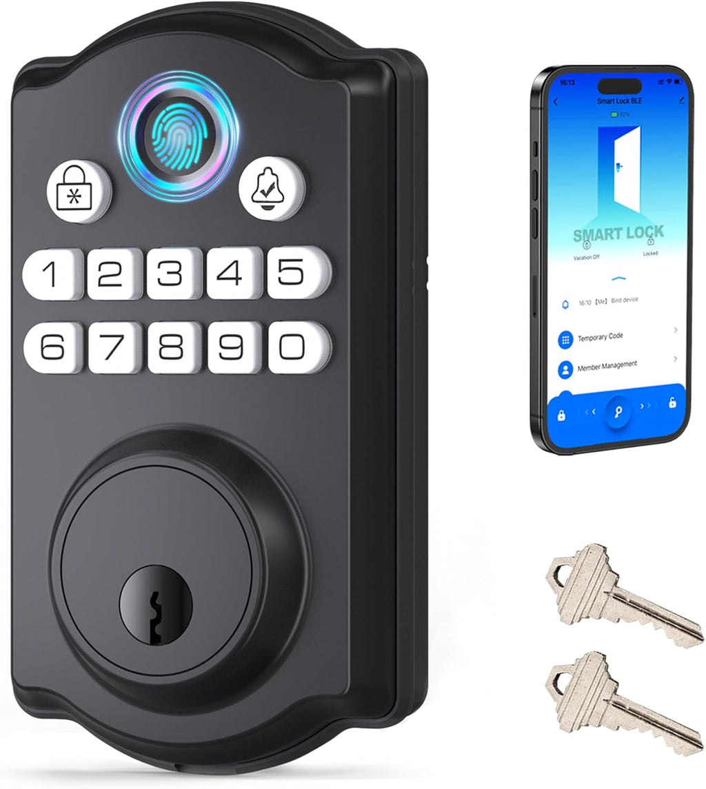 Cerradura de puerta sin llave - Cerraduras de puerta con huella dactilar y control por aplicación - Cerrojo inteligente para puertas de entrada - Seguridad biométrica, bloqueo automático y de un toque, IP54 resistente al agua, fácil instalación 