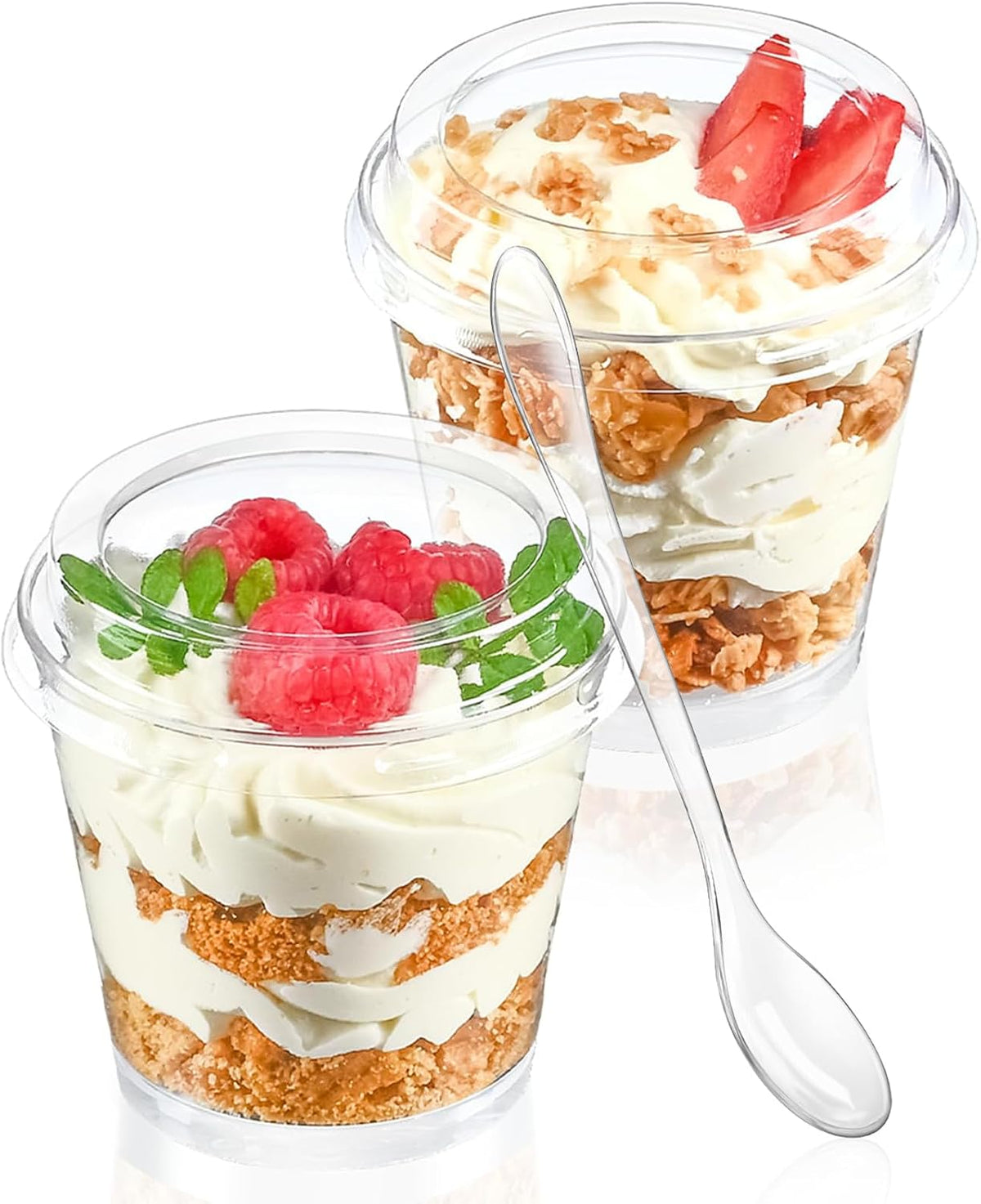 PRODUCTO VIENE COMO SE OBSERVA EN LA SEGUNDA IMAGEN ) VARIEDAD DE VASOS  Mini Vasos de Postre 6oz con Tapas y Cucharas  Copas de Plastico Redondas para Parfait, Mousse y Aperitivos