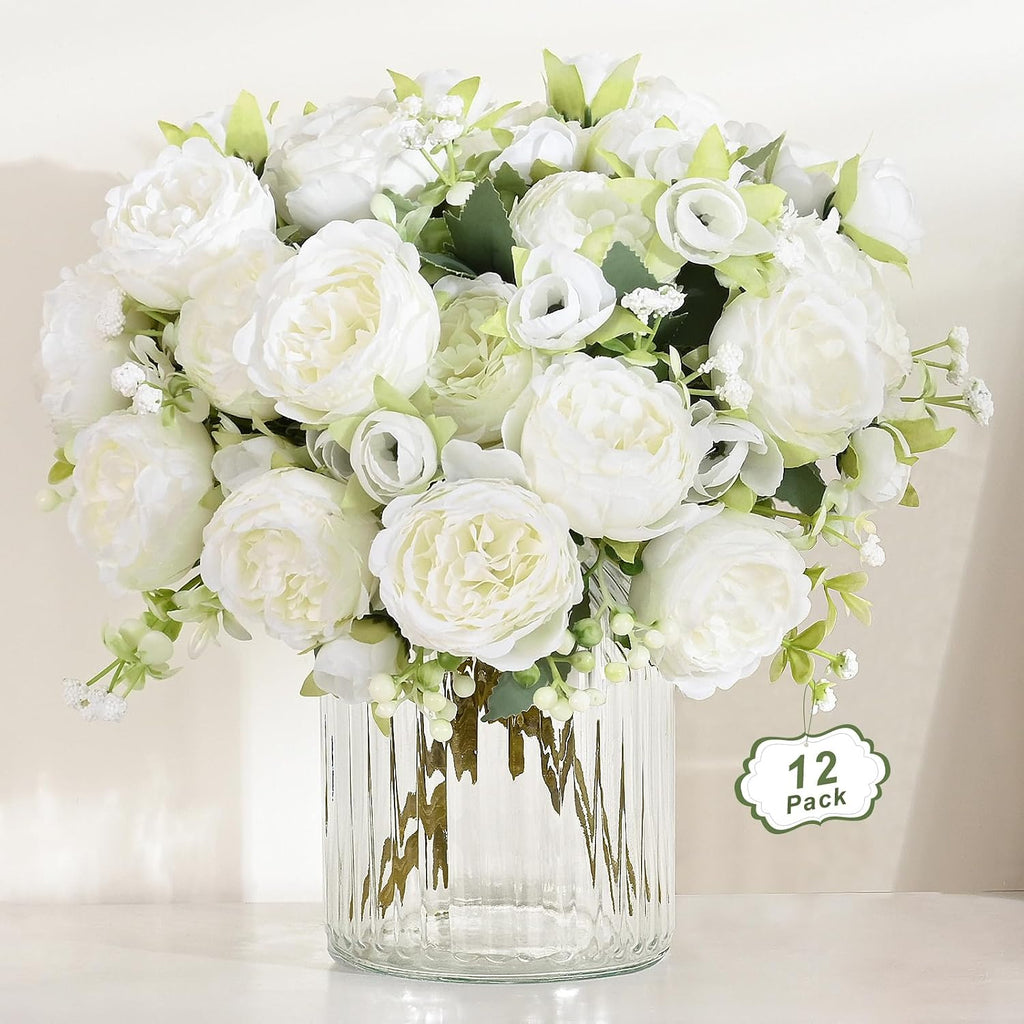 MARTINE MALL Paquete de 12 Peonías Artificiales, Peonías Artificiales Blancas, Peonías de Seda, Flores Artificiales, Ramo de Peonías para Centro de Mesa, Boda, Fiesta, Decoración del Hogar
