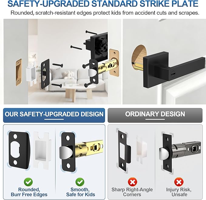 Plustool Paquete de 6 manijas de puerta negras mate para interiores, pomos de puerta interiores sin llave, cerraduras de puerta de privacidad para dormitorio, baño, cerraduras de palanca