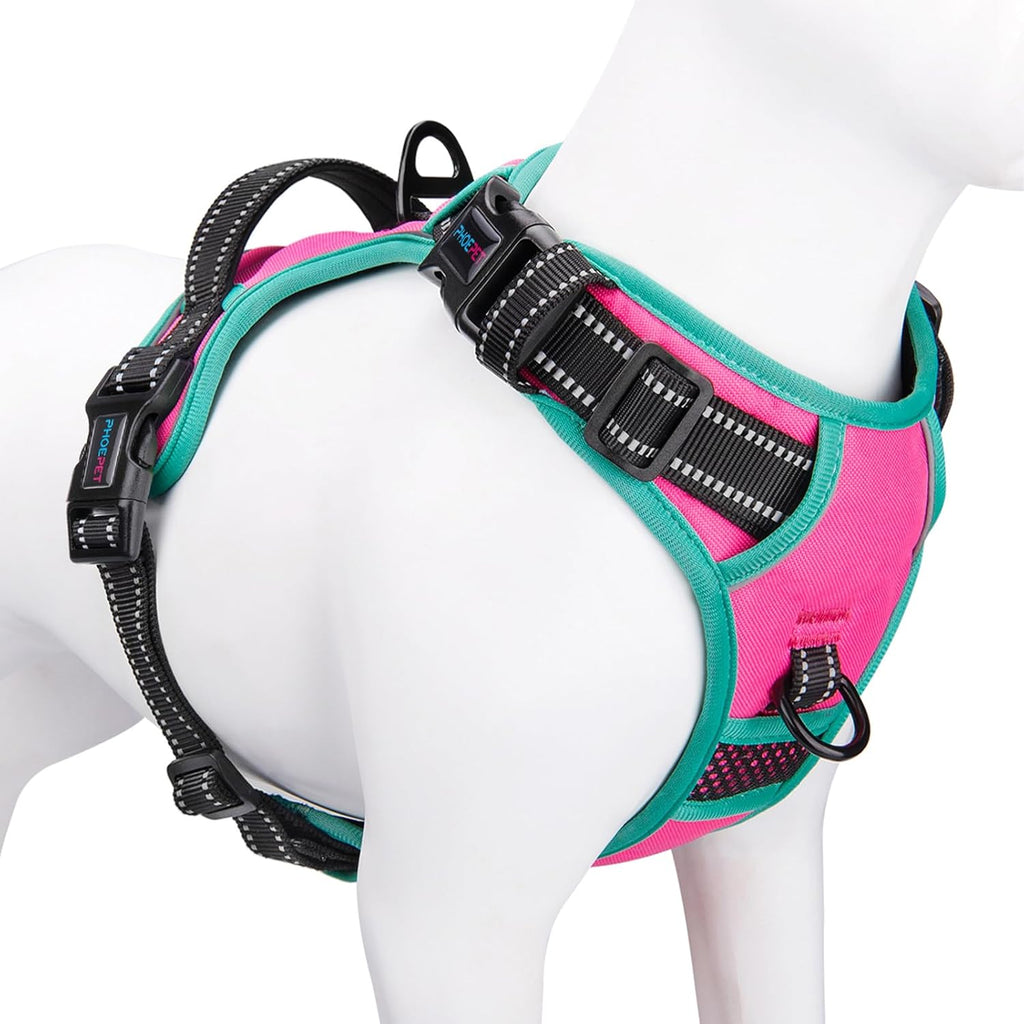 Arnés antitirones para perros PHOEPET 2019 mejorado, chaleco reflectante ajustable, con asa de entrenamiento + 2 ganchos metálicos para correa + 3 hebillas de cierre rápido + 4 hebillas deslizantes (L, rosa)