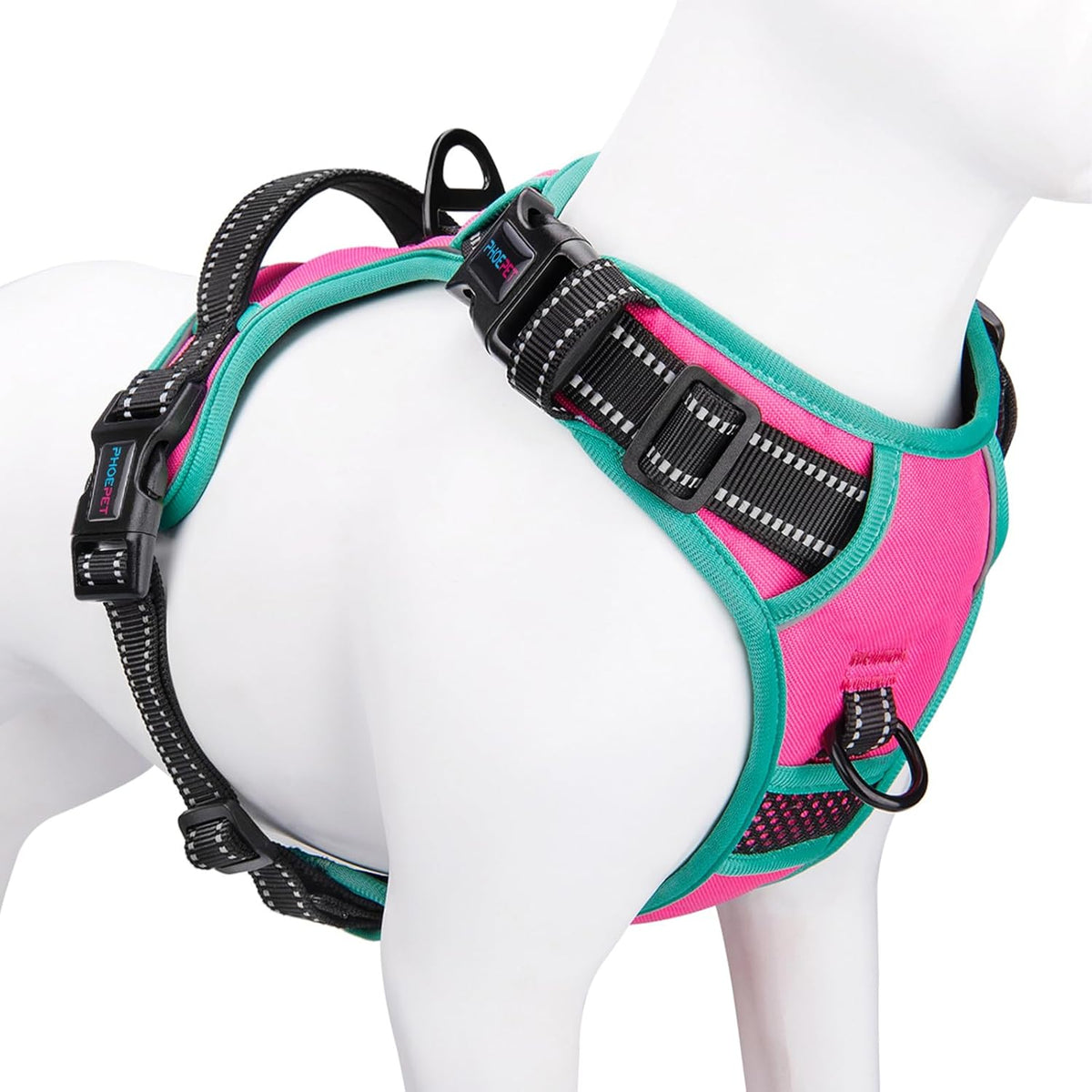 Arnés antitirones para perros PHOEPET 2019 mejorado, chaleco reflectante ajustable, con asa de entrenamiento + 2 ganchos metálicos para correa + 3 hebillas de cierre rápido + 4 hebillas deslizantes (L, rosa)