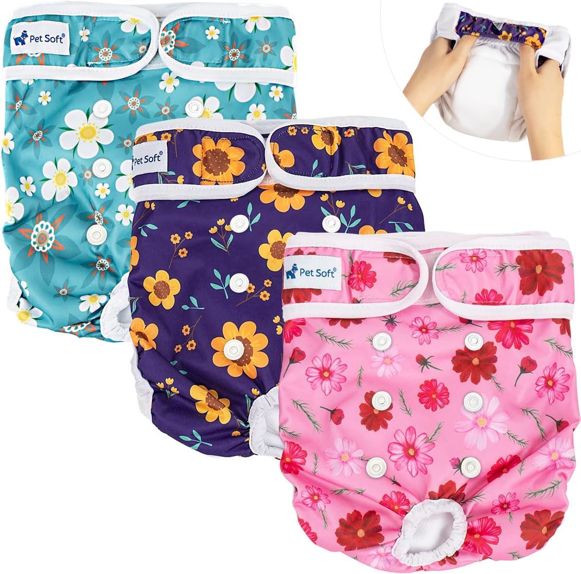 Pañales Lavables para Perras x3 Talla L – Reutilizables, Suaves, Estampado Floral para Perras en Celo