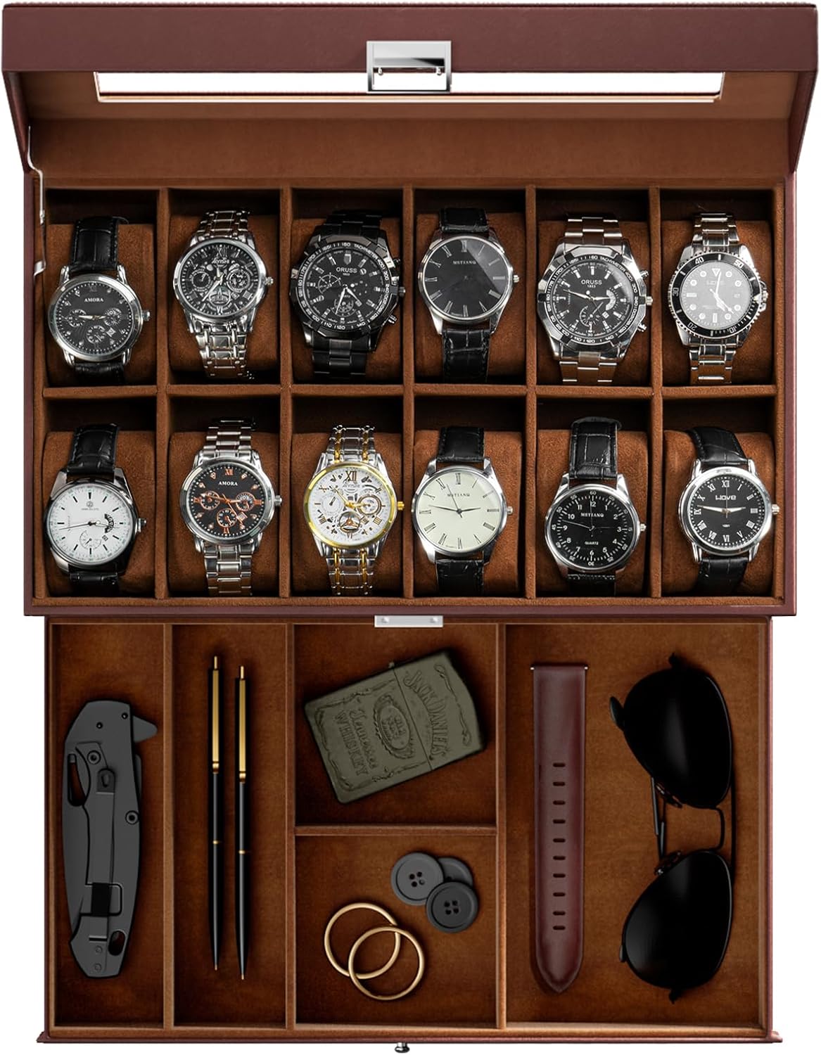 Caja para relojes ProCase, 12 ranuras para hombre con cajón, vitrina de 2 capas con tapa de cristal, joyero organizador, regalo de cumpleaños y San Valentín para hombre, 12 ranuras, color espresso 