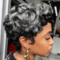 Peluca Corte Pixie DOcute con Flequillo Corta Pixie Ondulada para Mujeres Negras Negra Mezclada Gris Peluca Mujeres