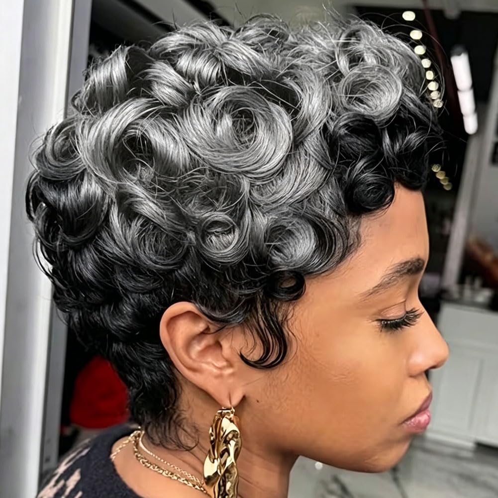 Peluca Corte Pixie DOcute con Flequillo Corta Pixie Ondulada para Mujeres Negras Negra Mezclada Gris Peluca Mujeres