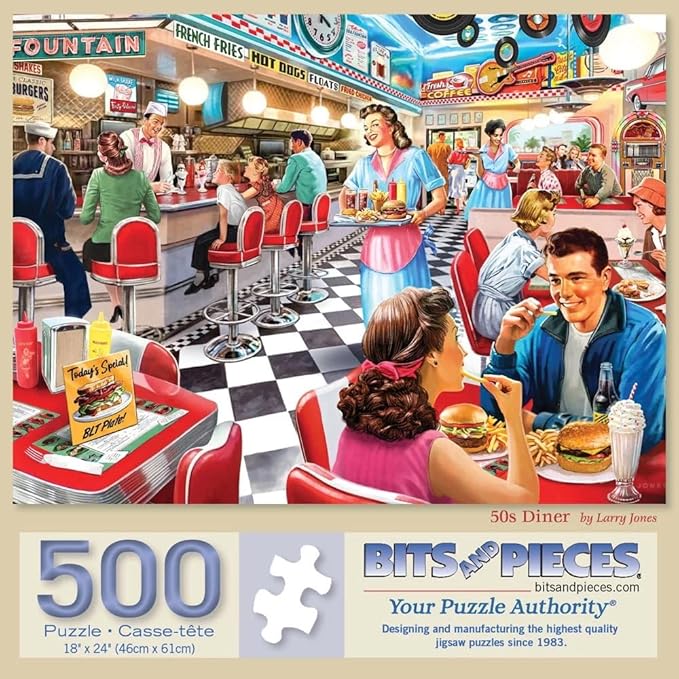 Bits and Pieces - Rompecabezas de 500 piezas para adultos - 45,7 cm x 60,9 cm - Restaurante de los años 50 - Rompecabezas americano nostálgico de 500 piezas de Larry Jones