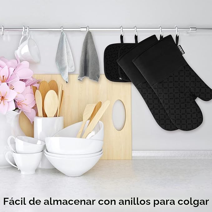 KEGOUU Juego de 6 manoplas para horno y soportes para ollas, guantes para horno de cocina, resistentes al calor, 500 grados, extra largos, agarraderas y agarraderas con superficie de silicona