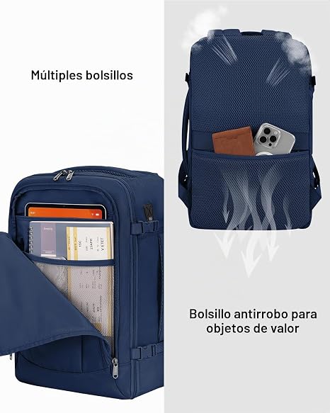 ECOHUB Mochila de viaje para artículos personales con 13 bolsillos, bolsas de transporte para aviones, Azul, Negocios