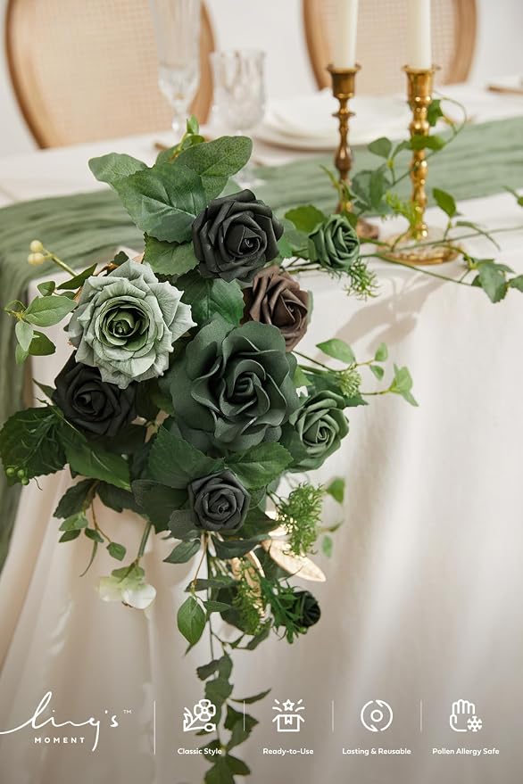 Ling's moment 2 piezas de guirnalda de flores artificiales verdes y doradas, adornos florales para centros de mesa, arco de flores para boda, decoración de rosas verdes y vegetación verde