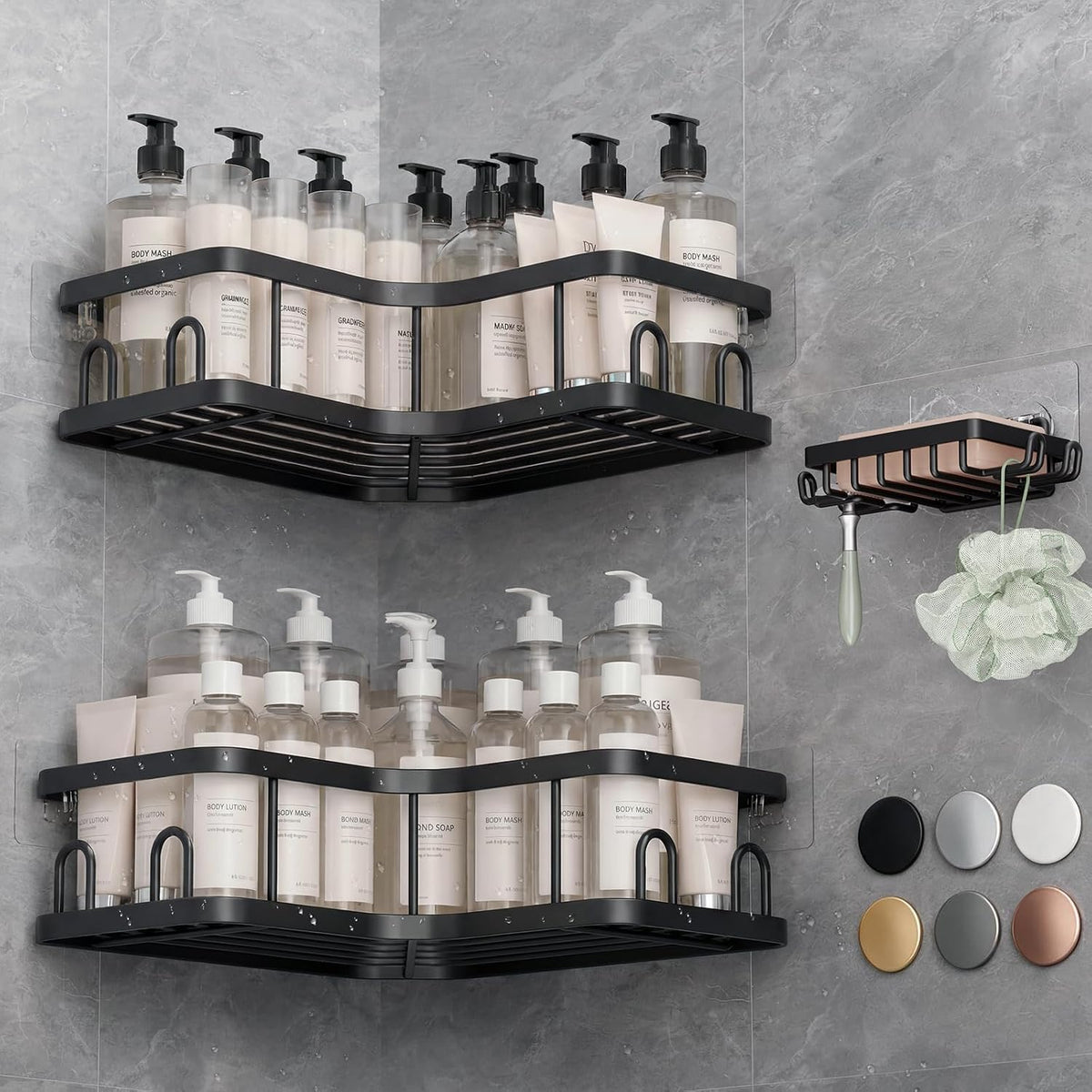 Veken Corner Adhesivo Organizador de Ducha (Paquete de 3) con Jabonera y Ganchos, Estantes de Ducha sin Perforar, Organizadores y Almacenamiento de Baño Resistentes al Oxidación y al Agua, Estante para Espacios Pequeños, Negro