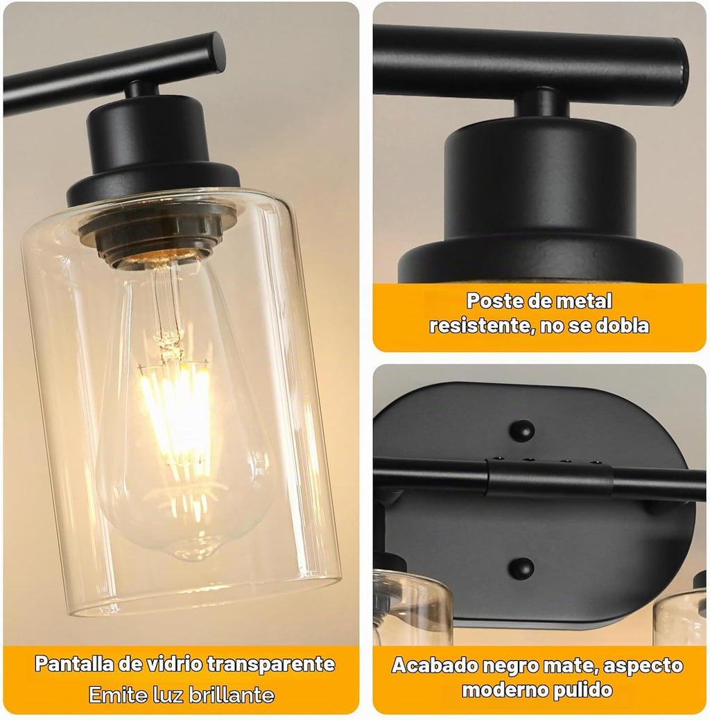 Unicozin Accesorios de iluminación de baño, 4 luces para tocador de baño, lámpara de pared negra con vidrio transparente para espejo, sala de estar, pasillo, gabinete, base E26