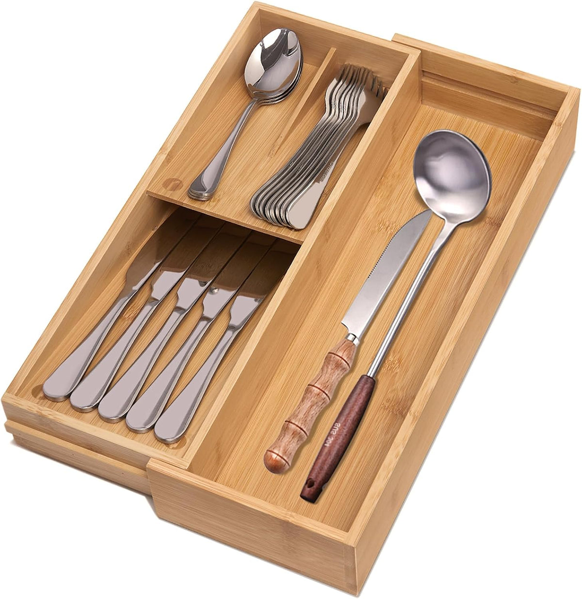 Organizador de Cajón de Cocina de Bambú con Portacuchillos Extraíble