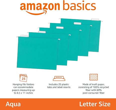 Carpetas Colgantes para Archivos Amazon Basics | Tamaño Carta | Aguamarina | Paquete de 25 | Papel Kraft Reciclado