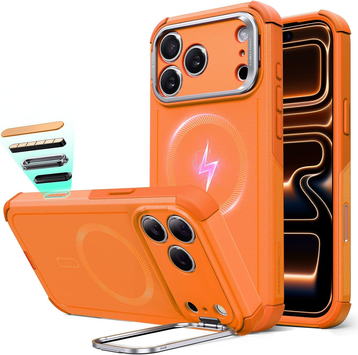 Funda ESR para iPhone 17 Pro Max con soporte, protección caída de grado militar 7m con control de cámara, cubierta resistente absorbedora de golpes, compatible MagSafe, naranja