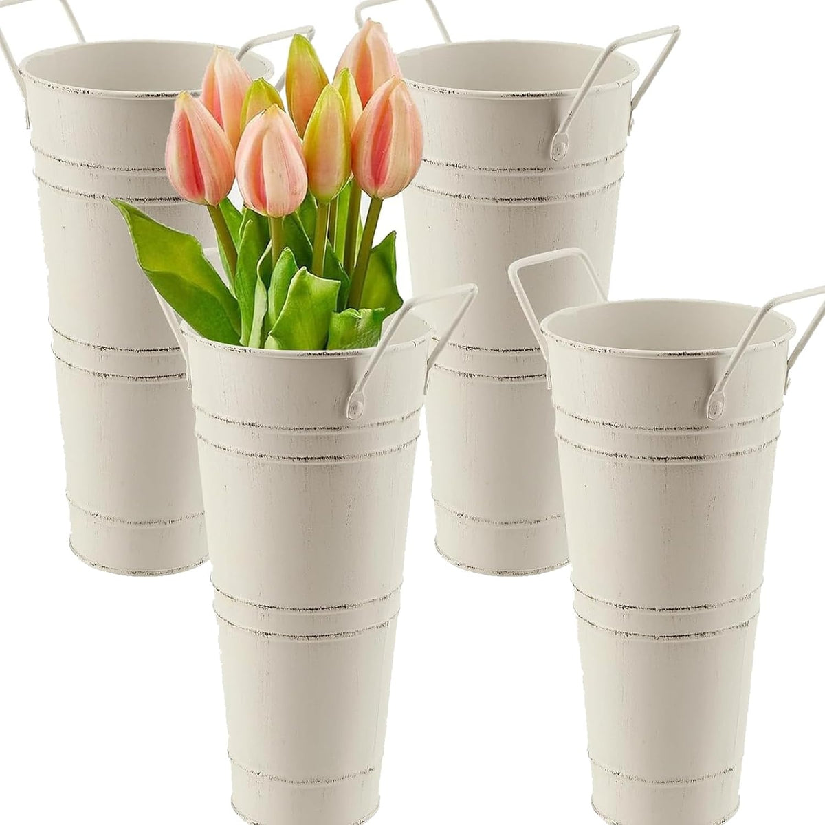 ZEONHEI 4 Piezas Balde de Flores Galvanizado de 9 pulgadas | Beige Estilo Granja Frances con Asa | Cubetas Rusticas Vintage de Metal como Floreros para Bodas y Centros de Mesa