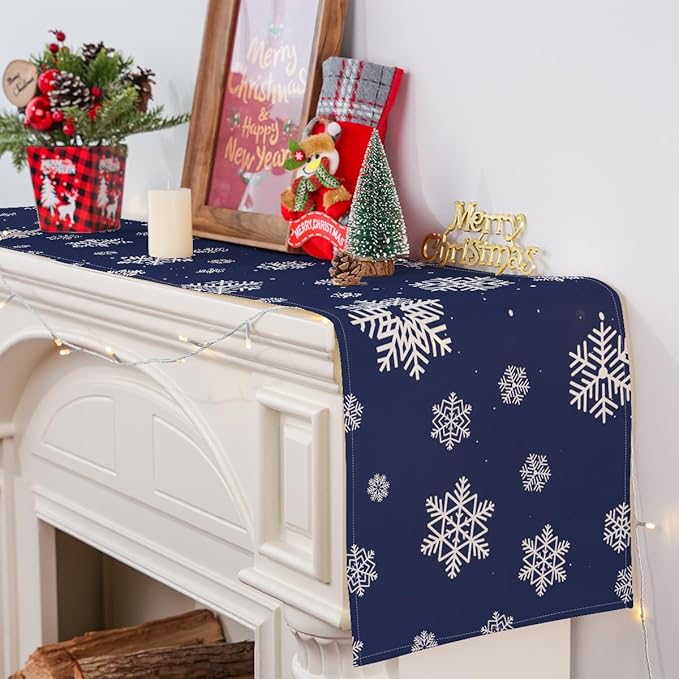 Camino de mesa de Navidad, camino de mesa de invierno, azul marino, camino de Navidad para mesa, copos de nieve, camino de Navidad, decoración de mesa de temporada de invierno, día festivo