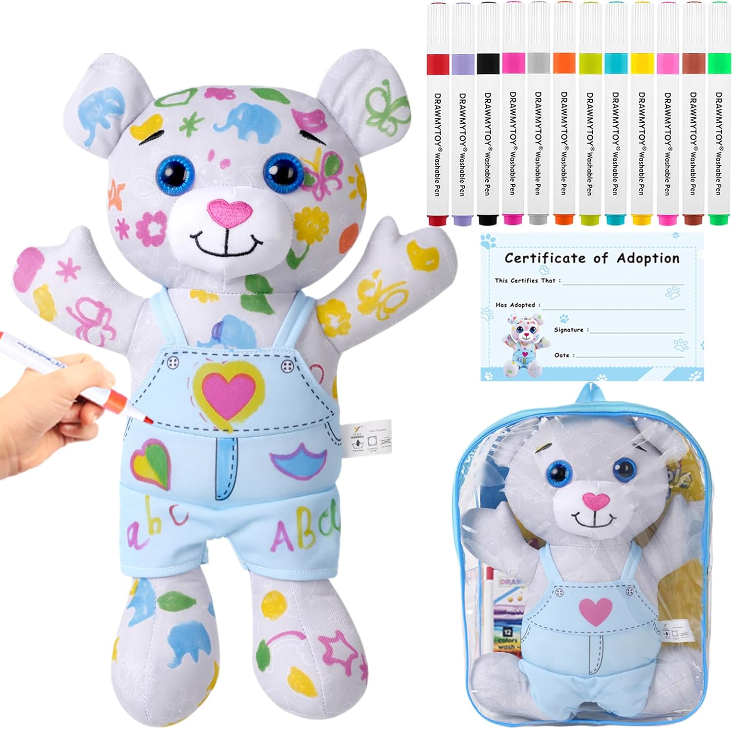 Coloring Plush Toy with 12 Washable Markers for Little Girls Doodle Dolls for Kids Ages 4-6 Birthday (Blue Bear)