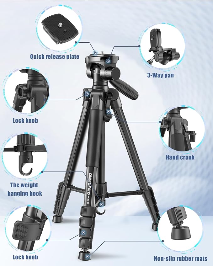 Trípode para cámara CAMBOFOTO de 74", trípode ligero de aluminio para DSLR/cámaras pequeñas/teléfonos, trípode portátil de viaje con cabezal