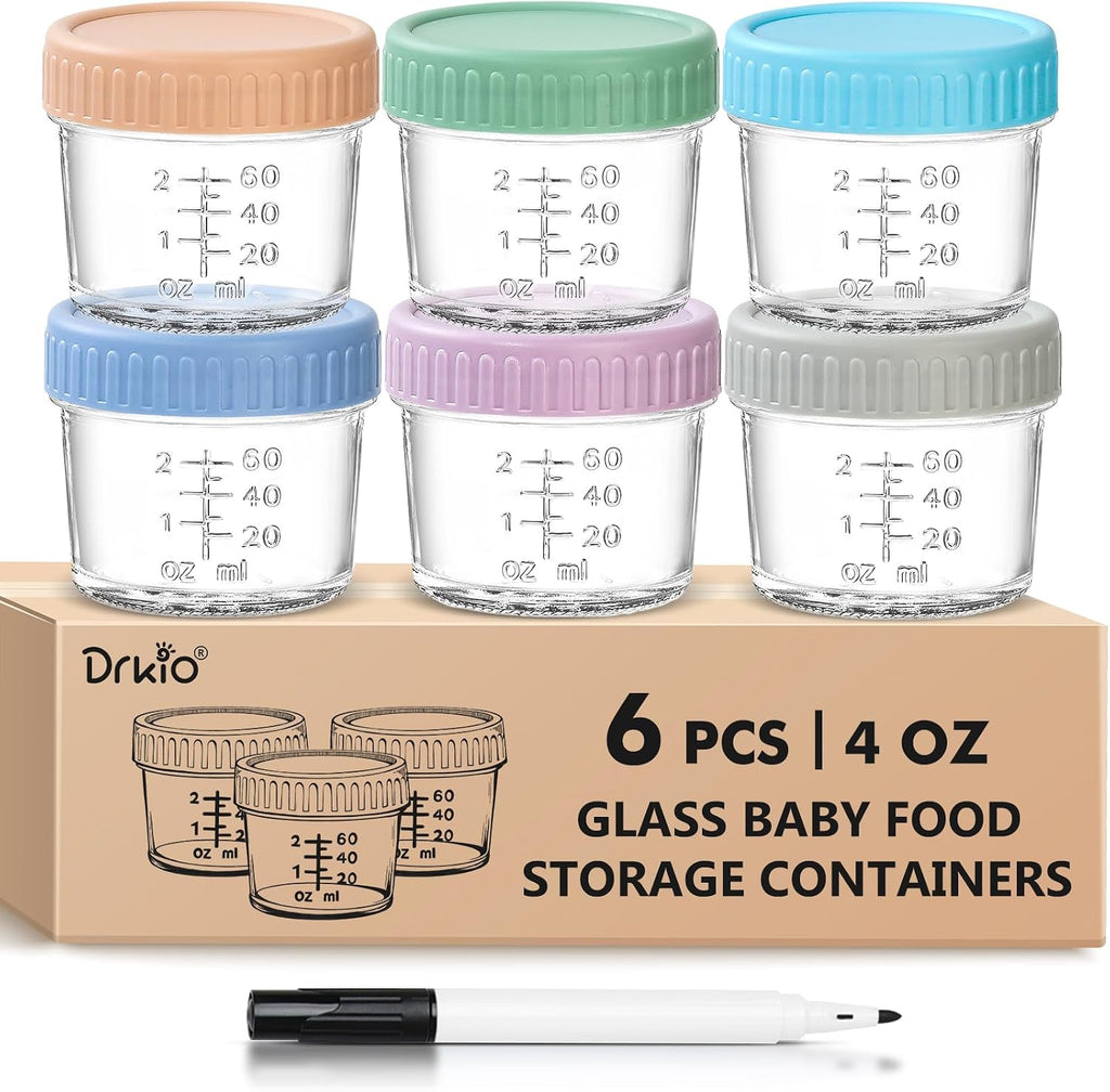 DRKIO Paquete de 6 recipientes de vidrio para almacenar comida para bebés - Tarros de 118 ml con tapas para preparar comida para bebés. Aptos para microondas, lavavajillas y congelador. 100% a prueba de fugas. Sin BPA. Reutilizables.