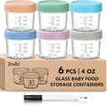DRKIO Paquete de 6 recipientes de vidrio para almacenar comida para bebés - Tarros de 118 ml con tapas para preparar comida para bebés. Aptos para microondas, lavavajillas y congelador. 100% a prueba de fugas. Sin BPA. Reutilizables.