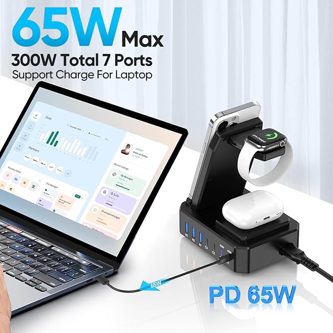 Estación de Carga 300W GaN III 10 en 1 | Cargador Inalámbrico para iPhone, MacBook, iWatch y AirPods | USB-C 65W PD