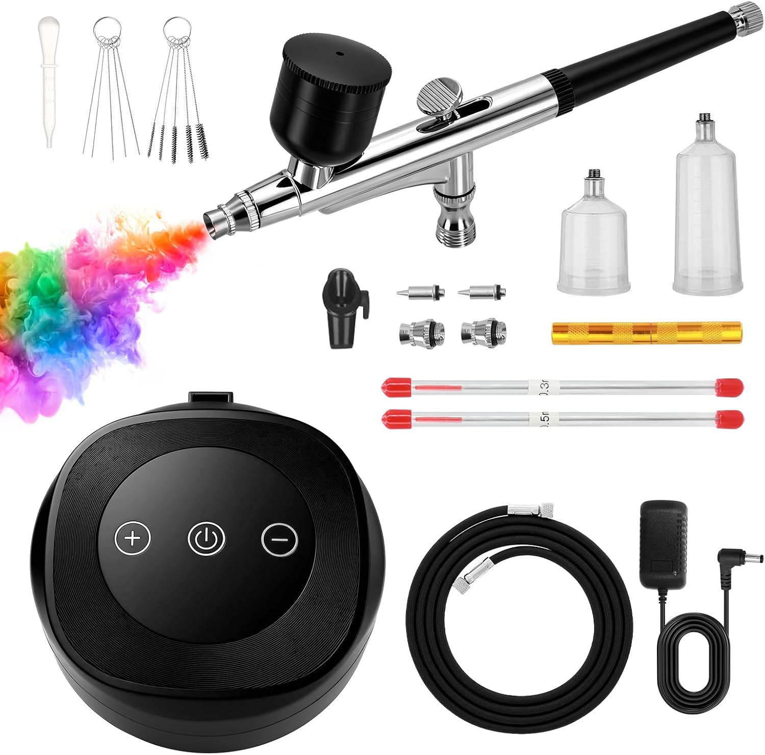 Xamanabu Airbrush Kit with Air Compressor, 25-48 PSI 10 L/min, 3 Gears Pressure Sensor Air Brush Kit with 0.3/0.5mm Nozzle/Cleaning Sets, Ideal for Nails, Makeup, Painting, Model, DIY, Cake Decor