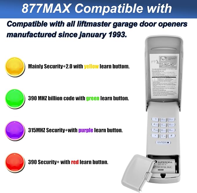 Teclado inalámbrico universal para puerta de garaje, entrada sin llave para abridores de Liftmaster/Chamberlain/Craftsman, 5 botones de aprendizaje de color, reemplaza 877max (teclado de puerta de garaje -877MAX)