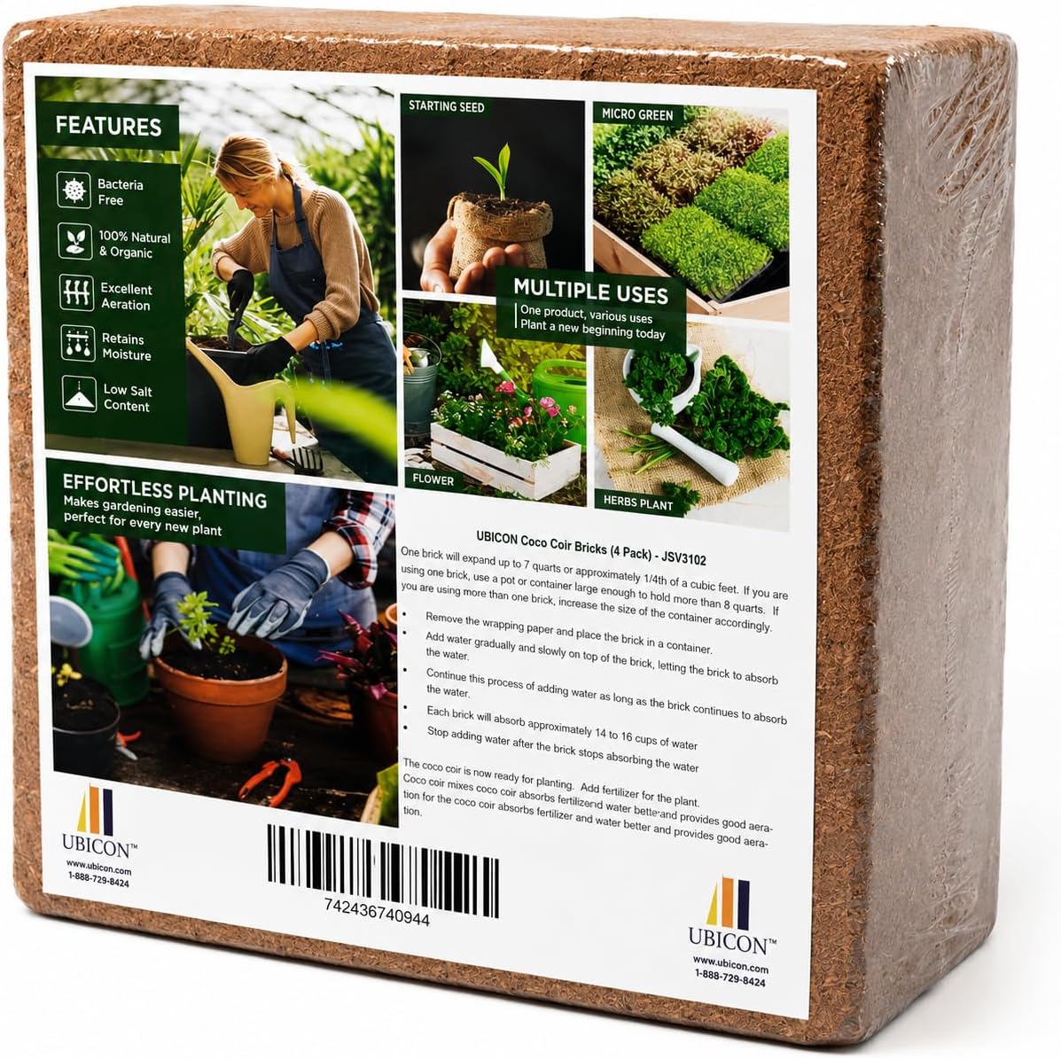 Sustrato de Fibra de Coco Orgánica UBICON – Pack 4 Ladrillos de 650g | ∼10 Galones