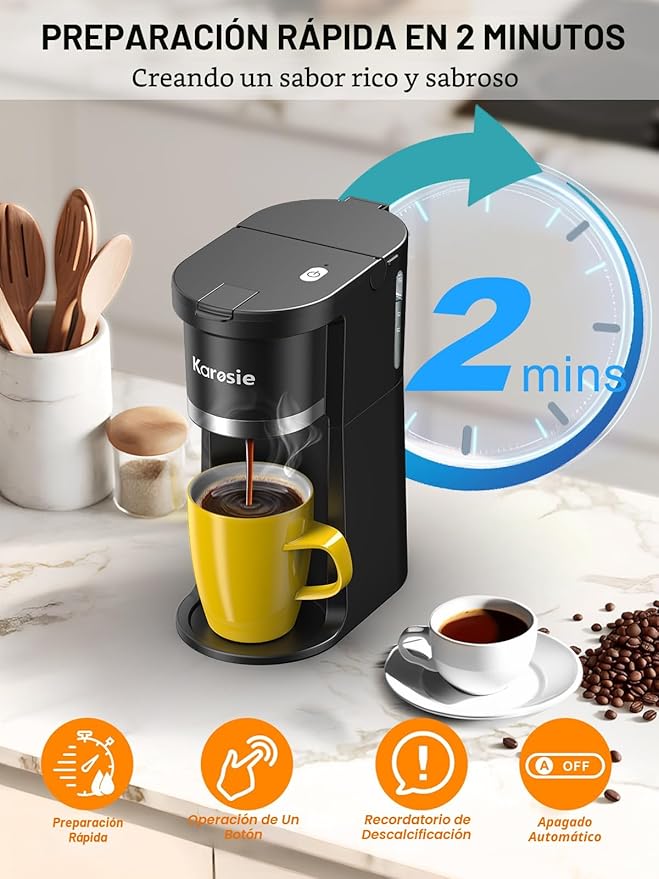 Cafetera pequeña de una sola porción, preparación rápida para K-Cup y café molido, tamaños de preparación de 6 a 12 onzas, cafetera de una sola taza con un botón, cafetera con recordatorio de descalcificación