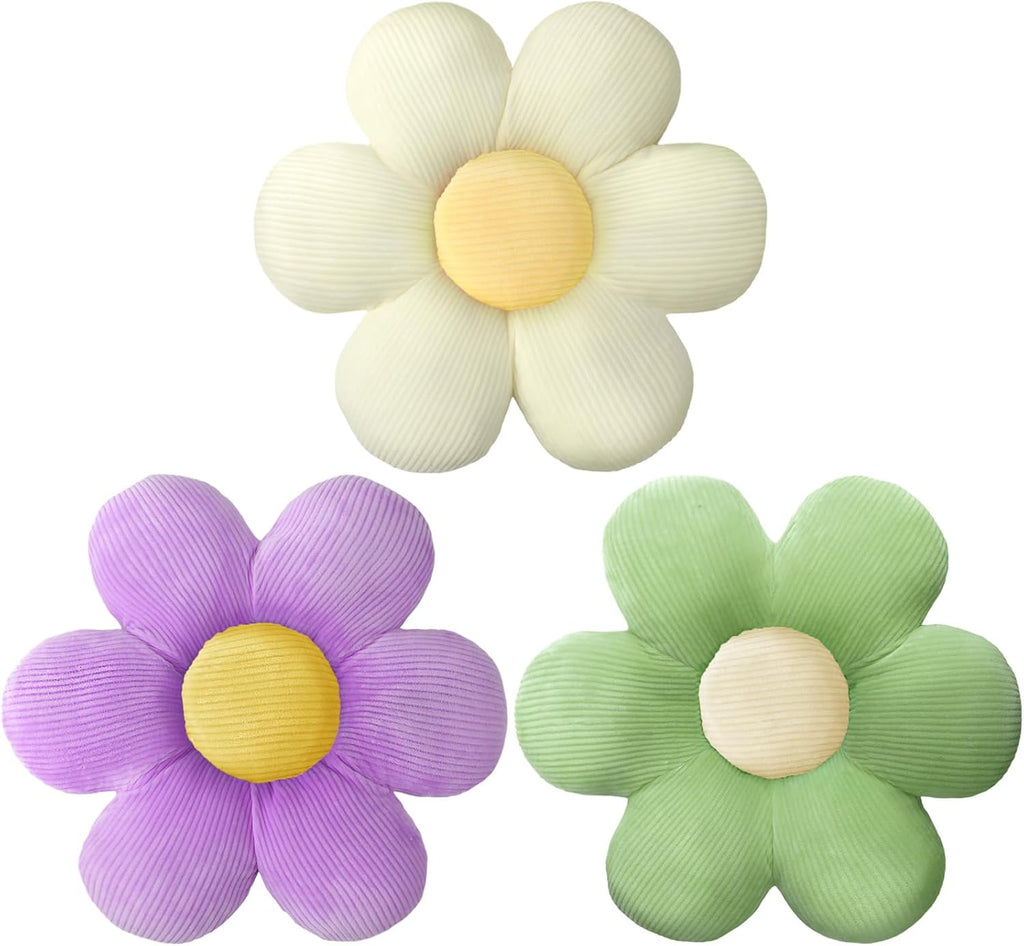 Sratte 3 Pcs Flower Pillows Flower Shaped Throw Pillows Cute Daisy Plush Pillow Decorative Floor Pillow Seat Cushion for Bedroom Home Sofa Chair Couch Decor(Green, Lavender, White,20")