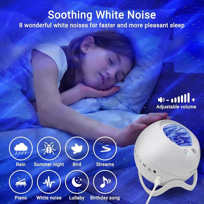 HERHOTER Proyector de estrellas, proyector de Aurora Boreal, con altavoz Bluetooth, ruido blanco, control remoto, luz nocturna, para sala de juegos, adultos, reuniones familiares, proyector de galaxia