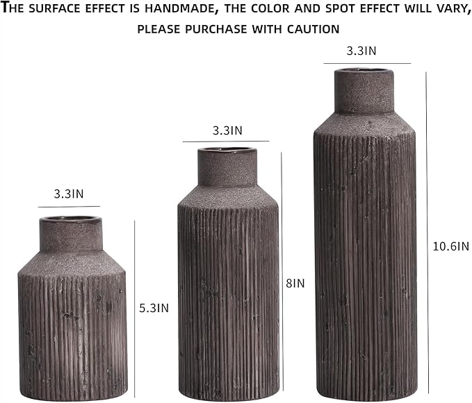 Set de 3 Jarrones Cerámicos Farmhouse — Estilo Vintage para Sala, Estantes y Mesa de Comedor