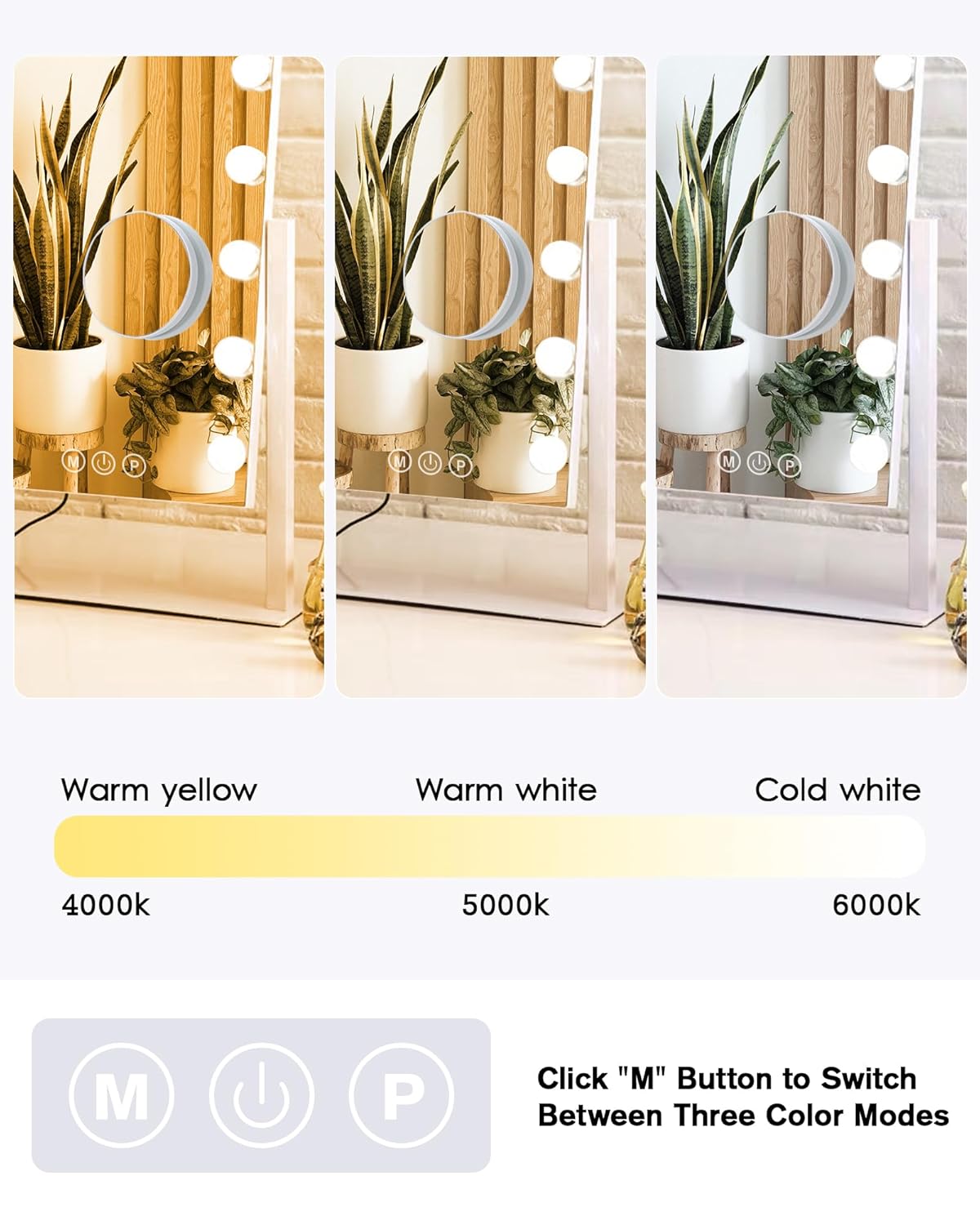 Espejo de Maquillaje Hollywood BWLLNI con Luces LED — 30x36 cm, Blanco, Control Táctil, 3 Colores, Aumento 10X, Rotación 360°