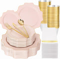 Platos Plásticos Rosados WDF 350 Piezas | Platos Desechables Rosa y Oro para 50 Invitados | Vajilla Plástica para Baby Shower, Cumpleaños, Boda y Día de la Madre