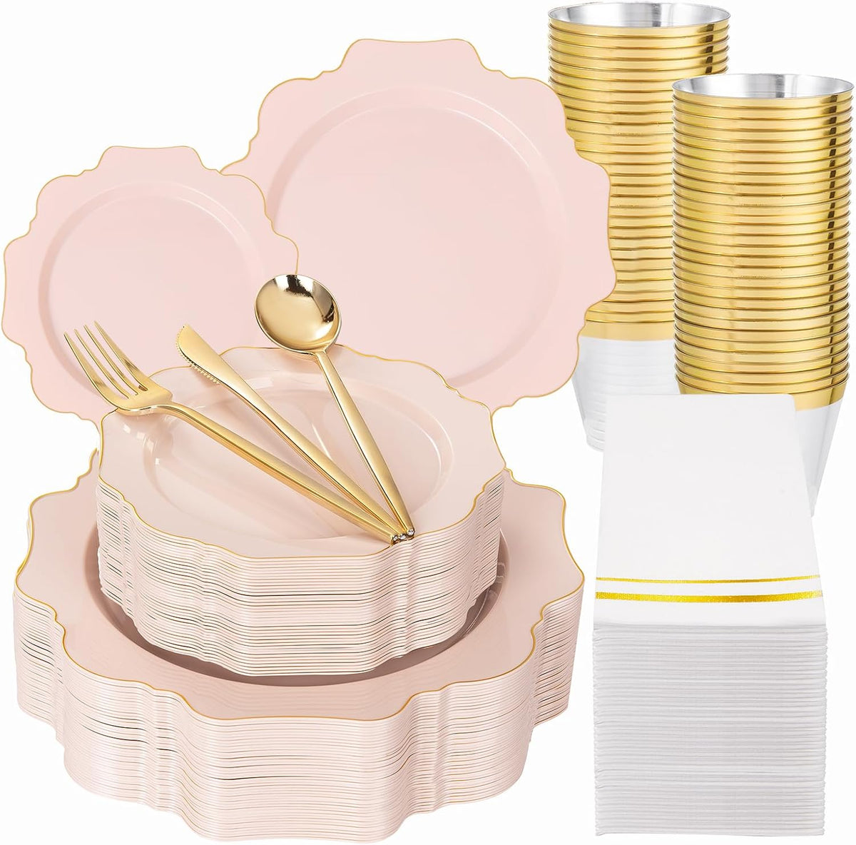 Platos Plásticos Rosados WDF 350 Piezas | Platos Desechables Rosa y Oro para 50 Invitados | Vajilla Plástica para Baby Shower, Cumpleaños, Boda y Día de la Madre
