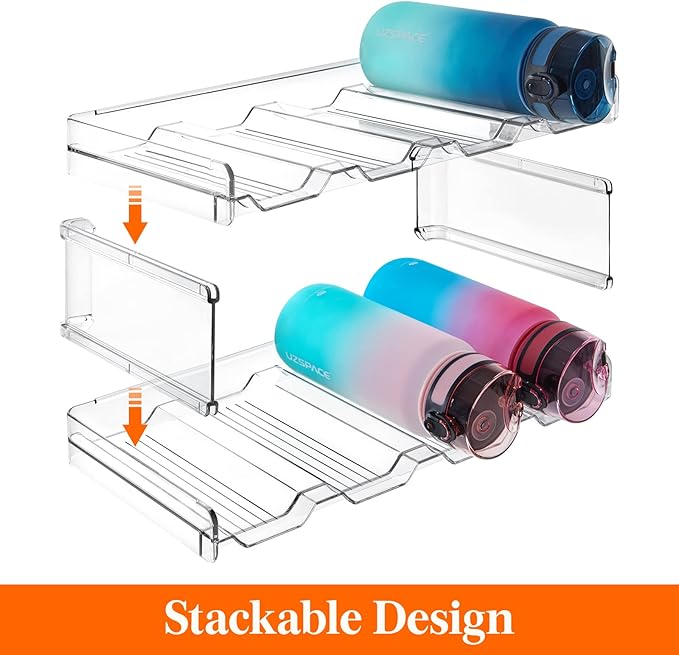 Organizador apilable de botellas de agua para gabinete, soporte de plástico para botellas y vasos de hasta 3.8 pulgadas de diámetro, despensa, encimera y refrigerador, 2 niveles con capacidad