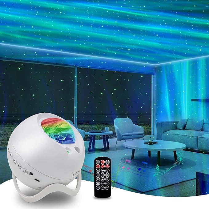 HERHOTER Proyector de estrellas, proyector de Aurora Boreal, con altavoz Bluetooth, ruido blanco, control remoto, luz nocturna, para sala de juegos, adultos, reuniones familiares, proyector de galaxia