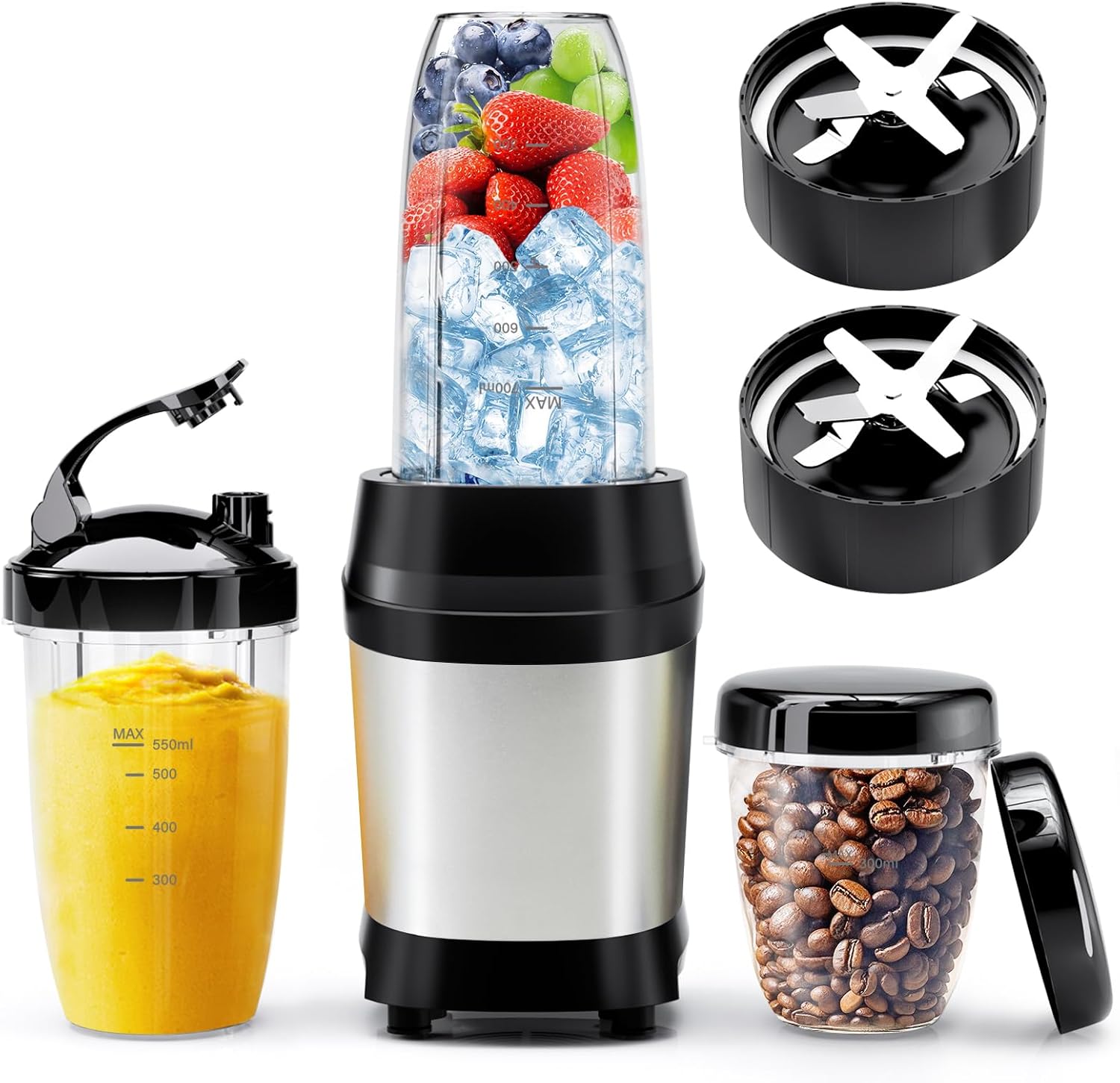 Licuadora Nahida para batidos, 1200 W, para triturar hielo, con dos cuchillas de 6 aletas, ideal para la cocina con vasos Easy Go de 690 ml, 940 ml y 1040 ml, color plateado. 
