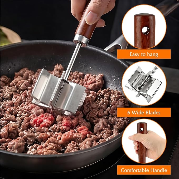Picadora y trituradora de carne grande de acero inoxidable | Apta para lavavajillas | Herramienta de picadora de carne molida de 6 cuchillas | Destrozador de hamburguesas