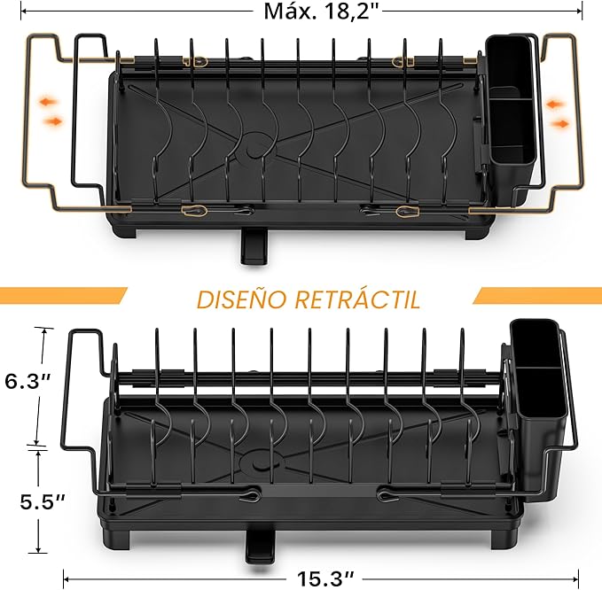 masadi Escurridor de platos pequeño – Escurridor de platos extensible sobre fregaderos con bandeja de secado, escurridor de platos para encimera de cocina con soporte ajustable para cubiertos, ahorro de espacio para cocinas pequeñas, color negro