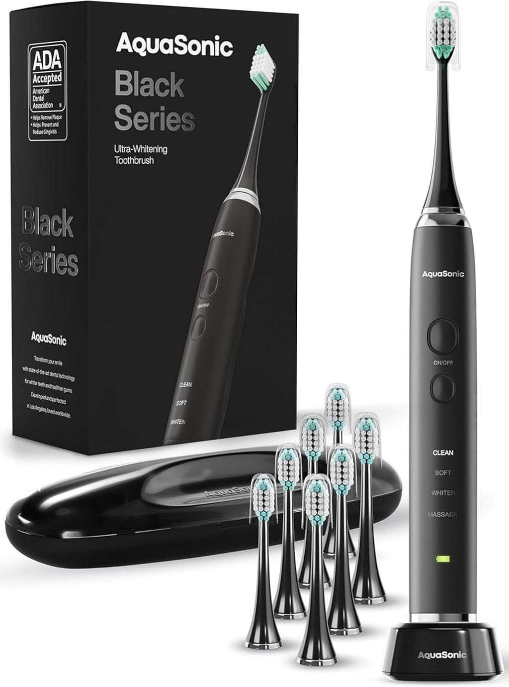 Cepillo de Dientes Eléctrico Aquasonic Black Series — 40,000 VPM, 8 Cabezales, Carga Inalámbrica y Estuche de Viaje
