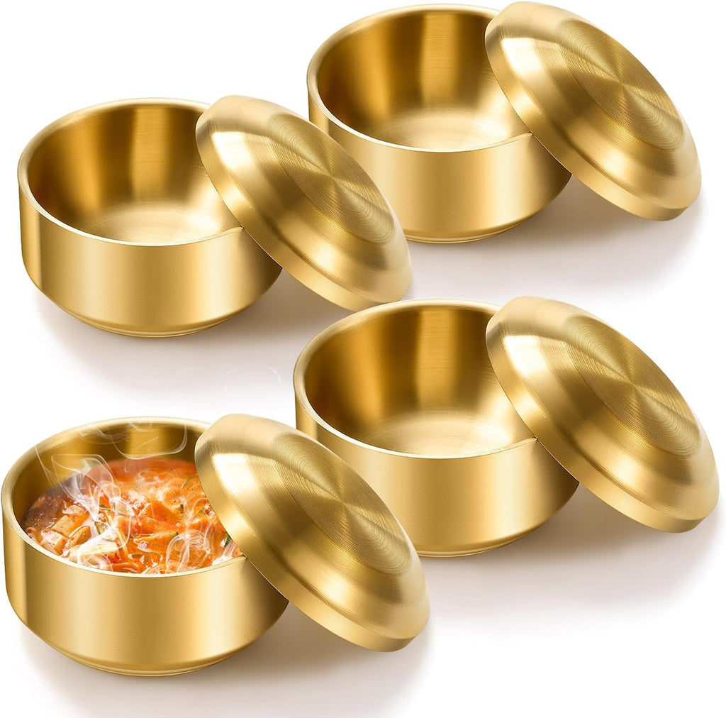 Set 4 Tazones Acero Inoxidable Coreanos Reallnaive 355 ml Doble Pared Aislados con Tapa, Resistentes al Calor para Sopa, Ensalada, Fideos, Restaurante
